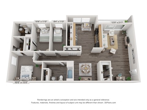Floor plan for 3 beds, 2 baths, 1110 sqft